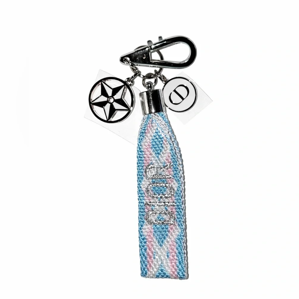 Dior Fabric Keychain/Bag Charm J'Adore Blue Pink Silver Tone Metal Wristlet - Picture 2 of 3
